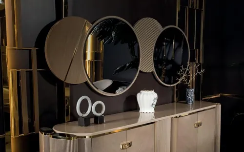 Luxus Spiegel Beige Rund für modernes Wohnzimmer - Eleganter runder Spiegel in Beige mit goldfarbenem Rahmen, ideal für Foyer und Lounge. Mit moderner Wandmontage und stilvollem Design setzt er Akzente in jedem Raum.