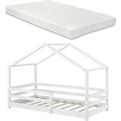Hausbett 90x200cm mit Matratze und Rausfallschutz - Stabiles Kinderbett aus Kiefernholz in Haus-Optik mit allergikergeeigneter Kaltschaummatratze für optimalen Schlafkomfort. Ideal für jedes Kinderzimmer.