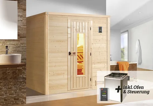 Weka Premium Massivholzsauna Bergen 7,5 kW BioS MT Gr.1 - Sauna aus massivem Holz, bietet ein gesundes Raumklima und entspannende Wärme für Ihr Zuhause.