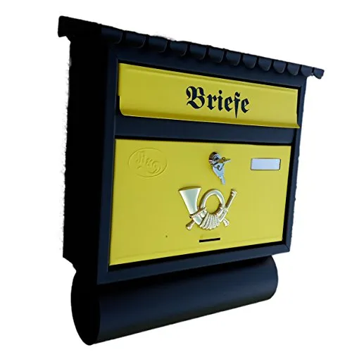 Großer Briefkasten/Postkasten XXL Schwarz/Gelb Matt mit Zeitungsrolle Zeitungsfach Flachdach Zeitungsrohr Bicolor