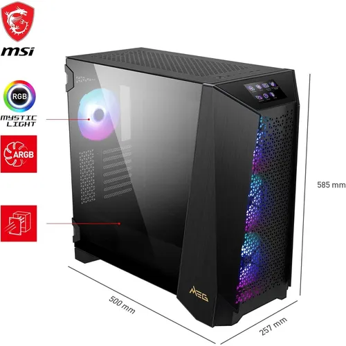 MSI MEG Prospect 700R - Mid-Tower ATX Gehäuse, 2x USB 3.0 und 1x Type-C Anschluss, 4x 140mm A-RGB Fans für optimale Kühlung und stylisches RGB-Design