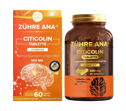 Citicolin 500 mg - Nahrungsergänzungsmittel mit Vitamin B12 - 60 geschmacksneutrale Tabletten, fördern die geistige Leistungsfähigkeit und unterstützen das Nervensystem.