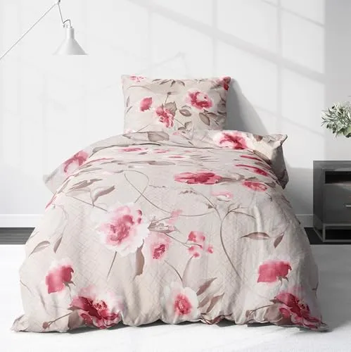 LINKHOFF Bettwäsche Blumen 155x220 cm - 100% Baumwolle in Beige Rosa mit Rosenmuster - Bettwäsche-Set aus 100% Baumwolle, atmungsaktiv und hautfreundlich, mit elegantem Rosenmuster für ein traumhaftes Schlaferlebnis. Pflegeleicht und langlebig, zertifiziert nach ÖKO-TEX Standard 100.