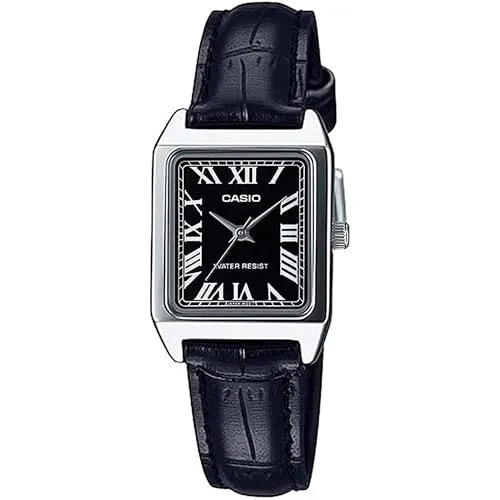 Casio LTP-V007L-1B Damenuhr - Elegante rechteckige Armbanduhr für Frauen mit schwarzem Lederarmband und silbernem Edelstahlgehäuse, ideal für jeden Anlass.