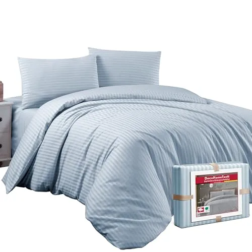 DecoHomeTextil Bettwäsche Set Bettgarnitur mit Reißverschluss Polycotton Streifen Hellblau 1x Bettbezug 200 x 220 cm + 2X Kissenbezüge 80 x 80 cm