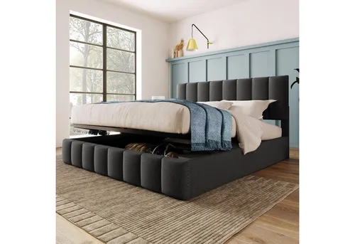 Odikalo Stauraumbett 140x200cm - Polsterbett mit Kopfteil - Betten mit praktischem Stauraum, elegantes Design in Grau und inklusive Lattenrost für optimalen Schlafkomfort.