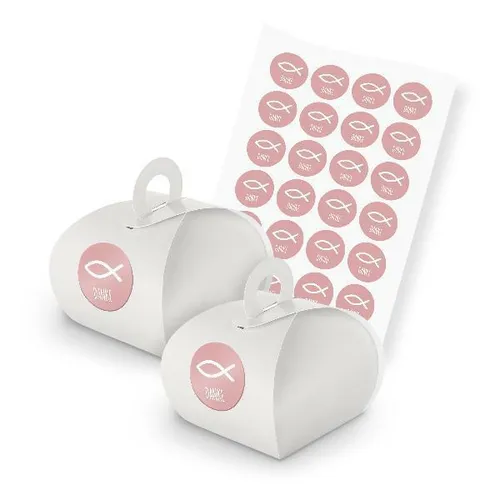 itenga SET Fisch Dank rosa M166 24x Geschenkbox Karton mit Griff weiß u Sticker