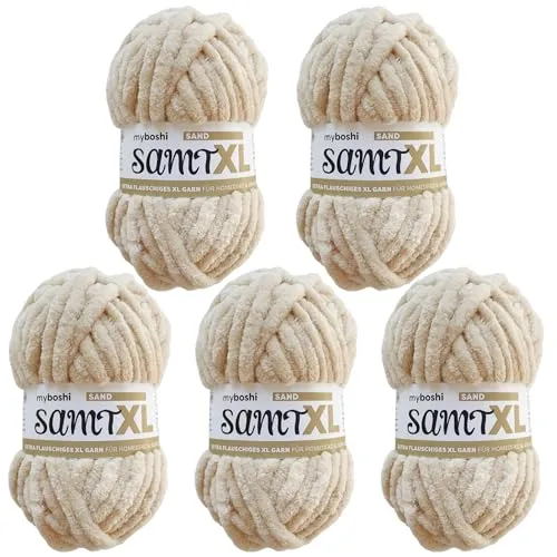 myboshi Samt XL - Kuscheliges Chenillegarn zum Häkeln und Stricken - Häkel- & Strickgarn: Super chunky Chenillegarn in Beige, ideal für schnelle Projekte und Amigurumi, 100g Knäuel mit 40m Lauflänge, waschbar bei 30°.