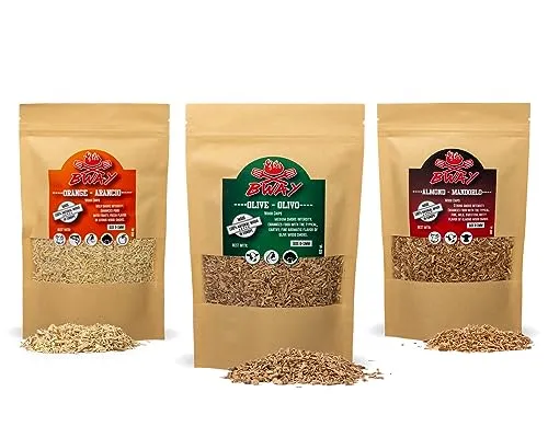 BWAY Kitchen Smoker Holz - Olive, Orange und Mandel Räucherholz | Edle Holzmischung | Räucher Chunks + Kostenloses E-Book mit 20 Rezepten um Ihre kulinarischen Fähigkeiten zu Verfeinern (3x400 ml)