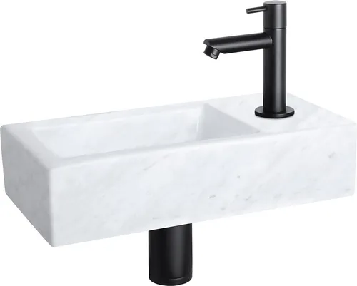 Differnz Helios Waschbecken-Set 37,5x18,5x9,5 cm – Marmor-Waschbecken – Mit Gerader Kaltwasserarmatur Mattschwarz – Komplettset mit Siphon & Ablauf – Wandmontage – Gäste-WC