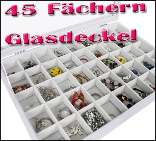 Schmuckkasten Schmucklade Schaukasten Schmuckdisplay mit Glasdeckel 45 Fächern weiss