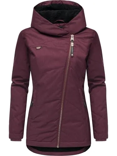 Ragwear Damen Winterjacke Gordon Intl Wine25 Gr. XXL - Sportliche, wasserdichte Winterjacke mit Kapuze und asymmetrischem Reißverschluss, 100% vegan. Mit weichem Futter aus Teddyfell für optimalen Komfort und perfekten Schutz gegen Kälte.