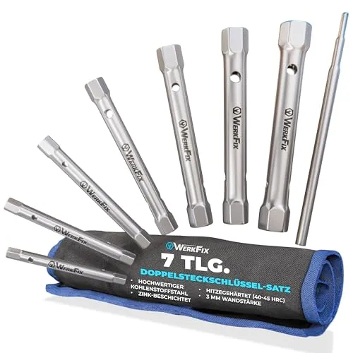 S&R WerkFix Rohrsteckschlüssel set 7-tlg. mit Drehstange : 6/7, 8/9, 10/11, 12/13, 14/15, 16/17, 18/19 mm aus CrV-Stahl in der Rolltasche