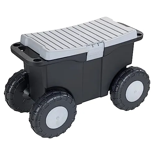 Maximex Gartenwagen 9946710500 - Handwagen aus robustem Kunststoff mit 110 kg Traglast, ideal für Gartenutensilien. Knie- und rückenschonende Sitzhöhe von 36 cm für komfortables Arbeiten.