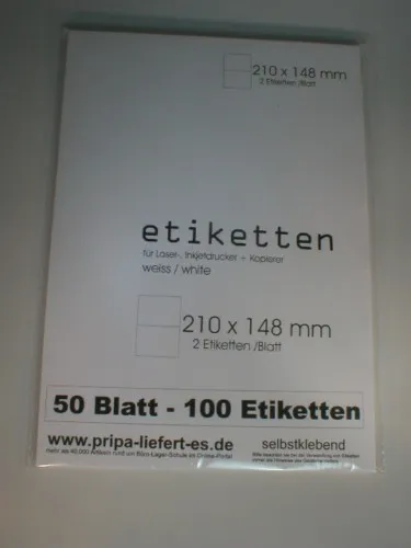 Etiketten 210x148 mm DIN A5 - 2 Stück auf DIN A4 z.B. Versandaufkleber PRIPA 100
