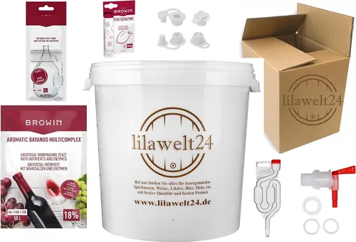 lilawelt24 komplettes WEINSET 30l Gärbehälter - Gärbehälter für die Heimbrauerei - komplettes 30L Weinset für die einfache Weinherstellung zu Hause, inklusive spezieller Schutzstopfen und Aromatic Bayanus Multicomplex für ein perfektes Aroma.