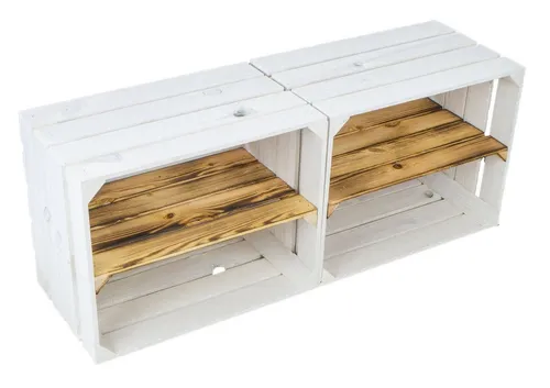 Kistenkolli Altes Land Allzweckkiste 2er Set Johanna - Weiße Holzboxen mit Mittelbrett - Transportboxen, fertig montiert und vielseitig einsetzbar als Dekoration oder Aufbewahrung. Jede Kiste ein Unikat aus hochwertigem Kiefernholz mit 66 l Fassungsvermögen.