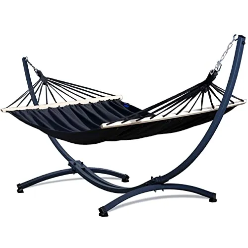 Potenza Outdoor Hängematte mit Gestell für 2 Personen I Stabhängematte XXL 220x160, 200kg I Hängemattengestell 220kg Wetterfest (Schwarz, Basic Gestell Graphit)