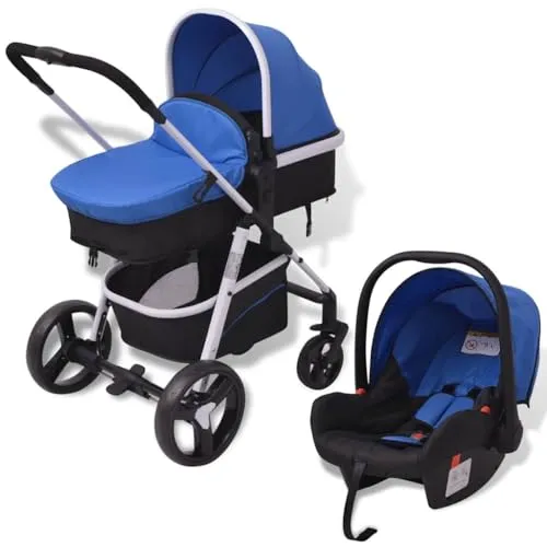 vidaXL 3-in-1 Kinderwagen Aluminium Blau und Schwarz in blau von vidaXL