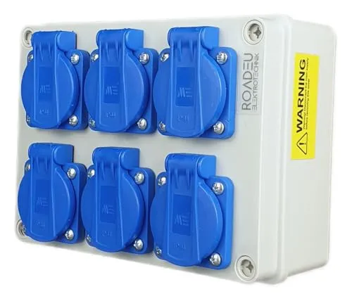 RoadEu Steckdosenverteiler IP44 | 6x Schuko 230V 16A Steckdosen mit Klappdeckel | Aufputz Stromverteiler für Innen- & Außeneinsatz, vorverdrahtet, robuste Ausführung
