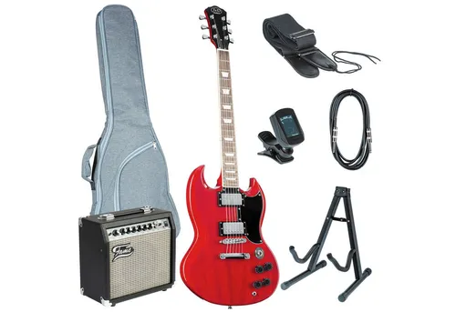E-Gitarren Set für Anfänger: J & D GG1S II Red + GX15 Combo - Komplettes E-Gitarren Set mit J & D GG1S II Red, ideal für Einsteiger. Der leistungsstarke GX15 Combo-Verstärker bietet zwei Kanäle und einen 3-Band Equalizer für flexiblen Sound.