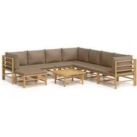 vidaXL 9-tlg. Garten-Lounge-Set mit Kissen Taupe Bambus - Elegantes Garten-Lounge-Set aus robustem Bambus, ideal für entspannte Stunden im Freien. Mit bequemen, dick gepolsterten Kissen und praktischem Tisch für Speisen und Getränke.