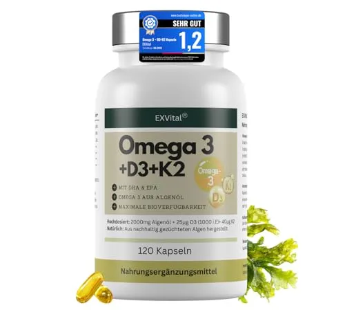 EXVital Omega 3 + D3 & K2 Kapseln, 100% vegan - 120 vegane Kapseln mit hochdosiertem Algenöl, reich an Omega 3, D3 & K2. Ideal für Vegetarier und Veganer, laborgeprüft und ohne Zusatzstoffe.