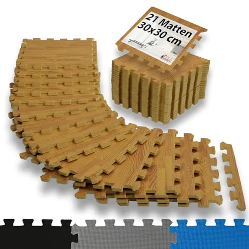 ALPIDEX 1,95 m² Bodenschutzmatte 21 Stück 30x30x1 cm Schutzmatten Set Sportmatte Gymnastikmatte Sportgeräte Matte Fitnessmatte Turnmatte Unterlegmatte Bodenmatte Trainingsmatte Gummimatte, Holzoptik