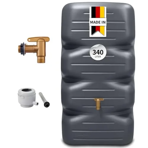 GARANTIA CUBUS Regentonne 340 Liter – Platzsparender Gartentank in Graphite Grey - Effiziente Regenwassernutzung mit 340 Litern Kapazität. Kompaktes Design für kleine Flächen, inklusive Auslaufhahn und Fallrohranschluss für einfache Entnahme. Ideal für Garten und Terrasse.