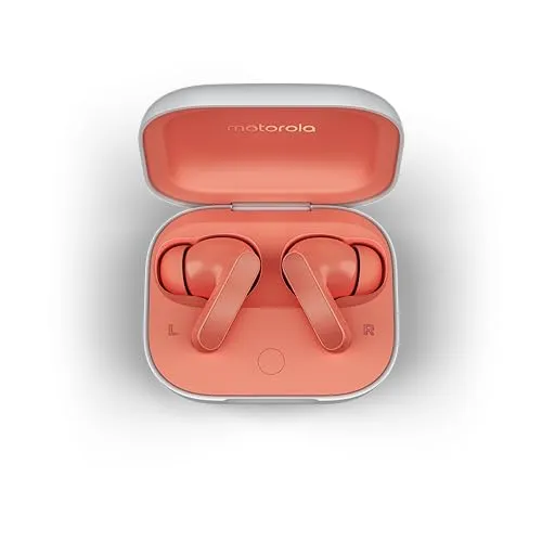 Motorola Moto Buds (Bluetooth 5.3 Earbuds, Hi-Res Sound, Dolby Atmos, aktive Geräuschunterdrückung, kabelloses Laden, bis zu 42 Stunden Akkulaufzeit, 3-Fach-Mikrofonsystem) Coral Peach