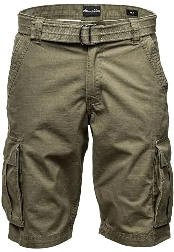 Amaci&Sons Herren Cargoshorts Männer Kurze Bermuda Hose inkl.Gürtel Regular Fit Gurt7027 Olive W32