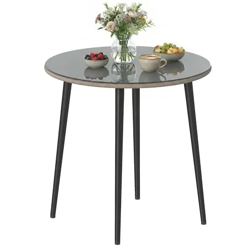 Gartentisch Stahl 80 x 80 cm mit PE-Rattan-Rand - Moderner runder Gartentisch aus robustem Stahl mit elegantem Glas und Rattanrand. Ideal für den Außenbereich, bietet Platz für bis zu 4 Personen. Pflegeleicht und langlebig.