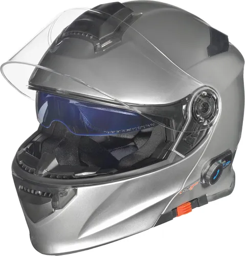 Bluetooth Intercom Sprechanlage Headset T-Com Klapphelm Titanium Grey S (55-56) - Sportlicher Klapphelm mit Bluetooth, klappbarem Sonnenvisier und hoher Sicherheit. Leicht, mit optimaler Luftzirkulation und bequemem, waschbarem Innenfutter. Ideal für alle Motorradfahrer.