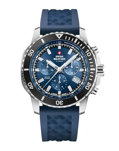 Swiss Military by Chrono Herren Uhr Solar Chronograph Quarzuhrwerk mit Kautschukarmband Analoge Herrenuhr Armbanduhr Blau SMS34113.03