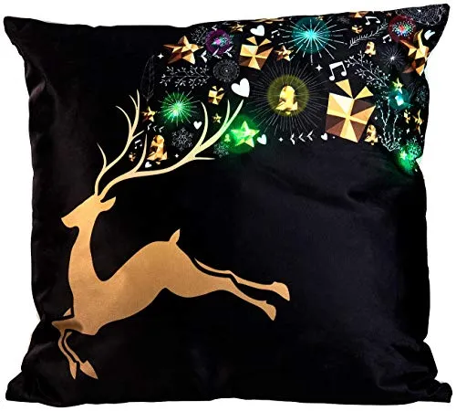 infactory Dekokissen LEDs: Deko-Weihnachtskissen Rentier mit LEDs, Batteriebetrieb, 45 x 45 cm (Sofakissen, Sofadekoration, Weihnachten)