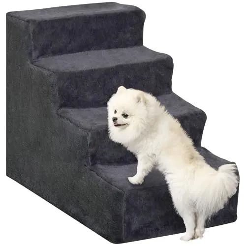PawHut Hundetreppe 4 Stufen 44 cm Hoch Haustiertreppe für Kleine Hunde Katzentreppe Hunderampe mit Waschbar Bezug Einstiegshilfe für Bett, Sofa, Couch Dunkelgrau
