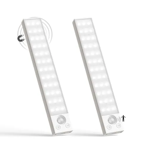 LQWELL® Schrankleuchte mit 36 LEDs und Bewegungsmelder, 22.5 cm, 1500 mAh, Wiederaufladbar, Dimmbar, Schrankleuchte für Küche, Kleiderschrank, Bücherregal, Schlafzimmer (Weiß, 2 Stück)