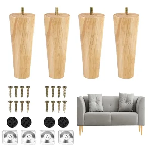 TAIANJI 10cm Möbelbeine Holz Tischbeine 4 Stück Möbelfüße Holz mit Montageplatten & Schrauben für Sofa Bett Schrank Couch Stuhl