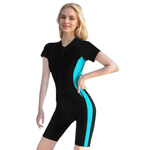 Beachkini Damen Badeanzug High Neck Kurzarm Reißverschluss Vorne Einteilige Bademode Swimsuit,Blau Schwarz,S