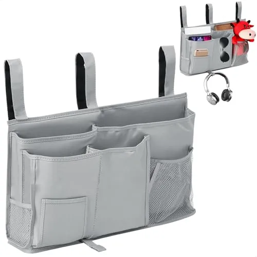 Betttasche Bett Organizer, Bettorganizer zum Einhängen mit 8 Taschen, Bettablage mit 3 Klettverschluss für Verschiedene Arten von Betten, Tischen und Sofas, Grau Aufbewahrungstasche, 50*30*10CM