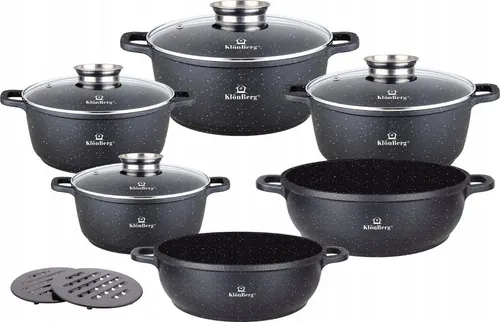 KlönBerg Topf-Set Steinbeschichteten Töpfen in verschiedenen Größen mit niedrigen Töpfen, Aluminiumguss, Aluminium, Keramik, Edelstahl (Passt in jede Küche! 1.2L / 2.3L / 2.5L / 4.1L / 4.5L / 6.5L, 12-tlg., Es ist eine perfekte Geschenkidee für jeden Anlass), Innovative Aroma Knob-Griffe