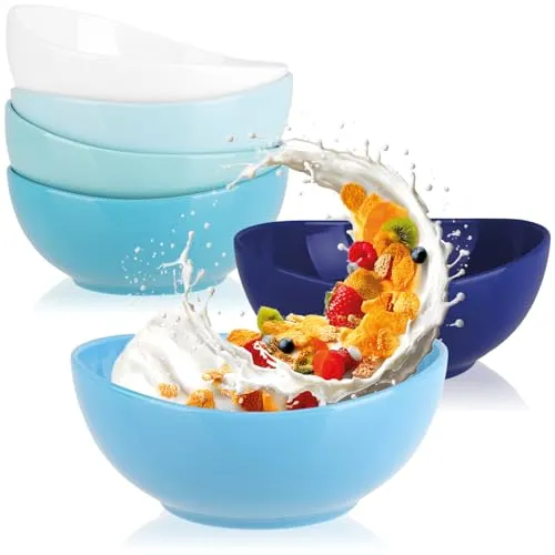 com-four® 6x Schalen aus Keramik 500ml - Müslischalen - Dessertschalen - Salatschalen - ideal für Frühstück, Snacks und Desserts - stilvolles Design - stapelbar (6 Stück - weiß/blau - geschwungen)