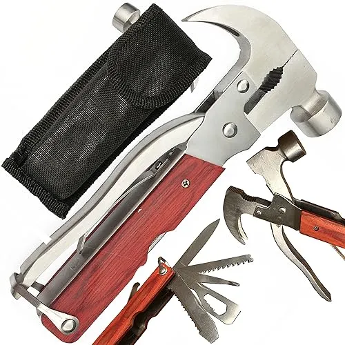 Retoo Multitools – Multifunktionale Zange mit Notfallhammer und Klappmesser - Vielseitige Multifunktionszange aus hochwertigem Edelstahl und Holz, ideal für Camping, Reparaturen und Notfälle. Kompakt und leicht für jede Tasche, ein unverzichtbares Werkzeug für Heimwerker und Outdoor-Fans.