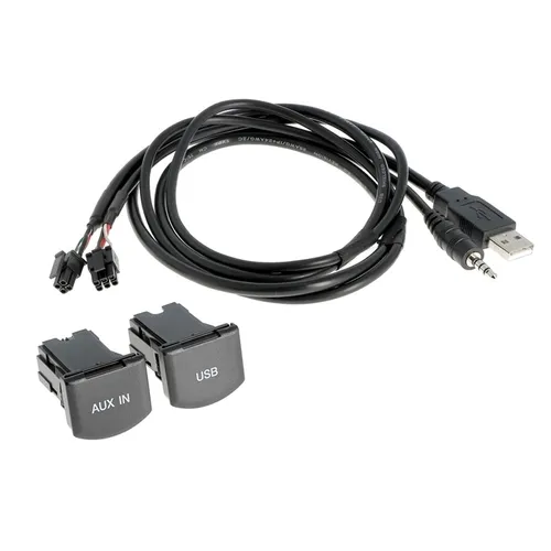 USB + AUX Einbaubuchse Set für VW Polo ab 2014 - Adapter & Stecker, ermöglicht einfache Integration von USB und AUX für verbesserten Musikgenuss im Auto.
