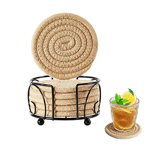 Sagittar Untersetzer Gläser mit Halter, Glasuntersetzer Getränke Tassenuntersetzer Set, Getränkeuntersetzer Rund Handgefertigt Geflochtenes Dickes Baumwollseil, Khaki, 6 Stück