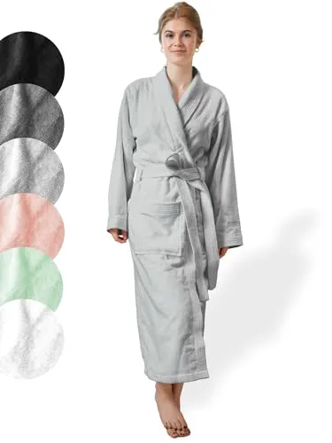 SIEGENTHAL® Damen Bademantel Frottee Velours 100% Baumwolle mit Schalkragen - Grau L - XL