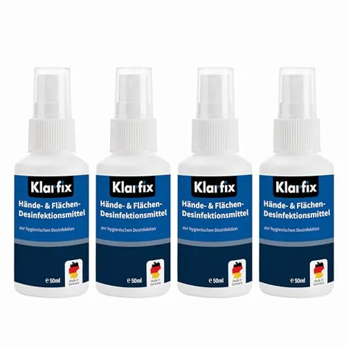 Klarfix Hände- & Flächendesinfektionsmittel nach WHO-Rezeptur für Hand, Haut und Flächen I Ideal für unterwegs | Wirksam gegen Bakterien, Pilze & Viren | Hygienisch & hautfreundlich (4x 50ml)