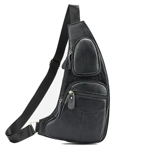 Hebetag Umhängetasche aus Leder für Damen und Herren, Leder Sling Bag Wandern Daypack für Männer Frauen Outdoor Reisen Camping Angeln Crossbody Schulter Brust Rucksack Rucksack, Schwarz