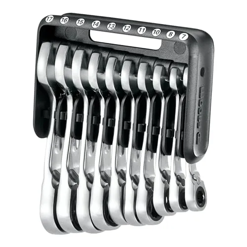 Facom Knarren-Ring-Maulschlüssel-Set 10-tlg - Werkzeug-Set mit 10 Knarren-Ring-Gabelschlüsseln, ideal für enge Bereiche dank extrakurzem Schaft und umschaltbarem Mechanismus für präzise Drehbewegungen.