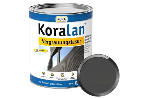 KORA Holzschutzlasur Koralan Vergrauungslasur 0,75 Ltr - Hochwertige Vergrauungslasur für Nadelholz im Außenbereich. Verleiht eine moderne graue Optik, ist wetterbeständig und leicht zu verarbeiten. Ideal für Holzfassaden und Sichtschutzelemente.
